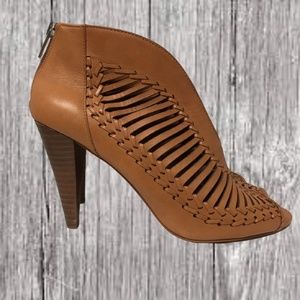 Vince Camuto Acha Cutout Peep Toe High Heel Booties VC-ACHA Brown Zip - Size 9